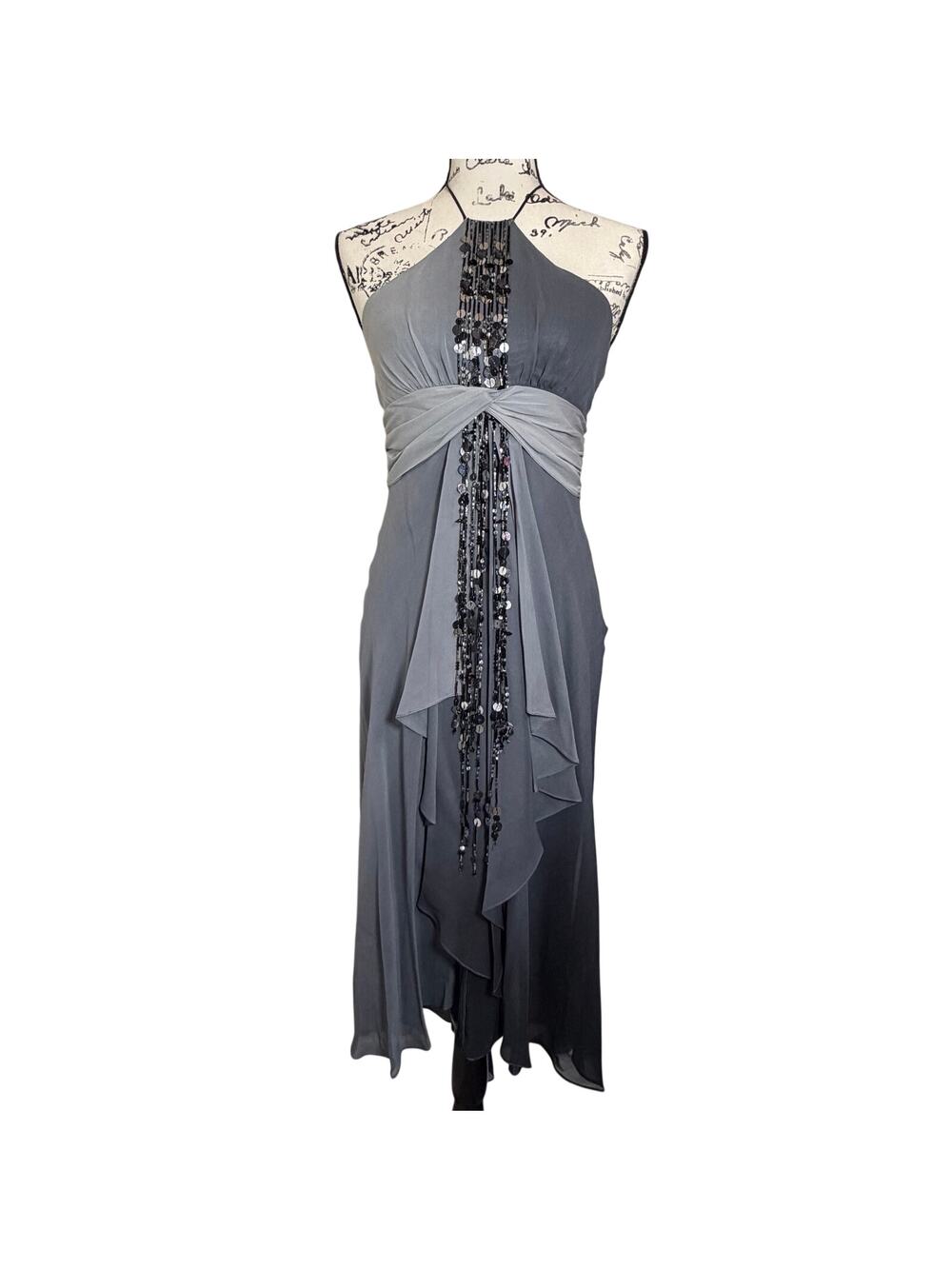 Sz 4 BCBGMAXAZRIA 100% Silk Ombre Gray Midi Dress Y2K Goddess Evening Whimsigoth